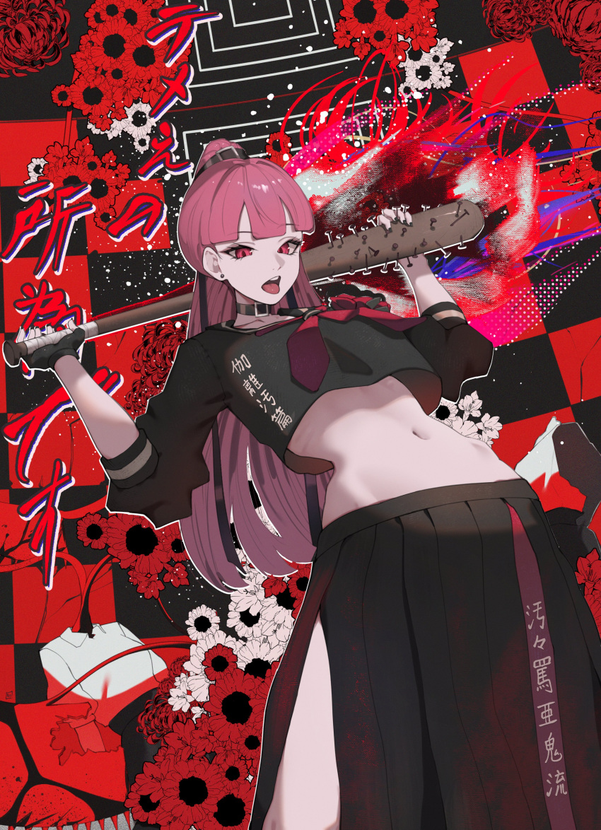 absurdres black_choker choker high_ponytail highres holding holding_weapon hololive hololive_english midriff mori_calliope navel o22no pink_hair pleated_skirt ponytail red_eyes red_spider_lily school_uniform skirt spiked_bat thighs tongue tongue_out weapon