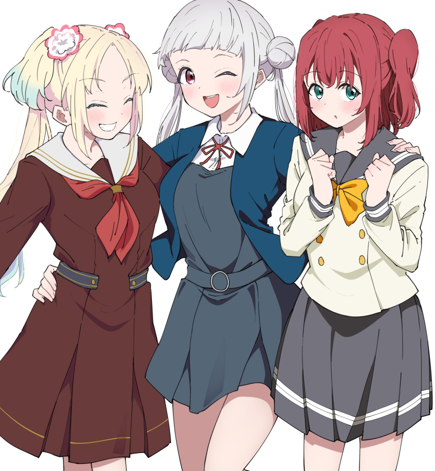 3girls arashi_chisato blonde_hair blue_jacket bow bowtie breasts brown_dress closed_eyes collarbone collared_shirt commentary_request double_bun dress green_eyes grey_dress grey_sailor_collar grey_skirt hair_bun hand_on_another's_hip hand_on_another's_shoulder hasu_no_sora_school_uniform highres jacket kurosawa_ruby link!_like!_love_live! liz_(piyoko_piyop) long_hair long_sleeves looking_at_viewer love_live! love_live!_sunshine!! love_live!_superstar!! medium_breasts medium_hair multiple_girls neck_ribbon neckerchief one_eye_closed open_clothes open_jacket open_mouth osawa_rurino red_eyes red_neckerchief red_ribbon redhead ribbon sailor_collar school_uniform shirt sidelocks skirt smile standing twintails upper_body uranohoshi_school_uniform white_background white_sailor_collar white_shirt winter_uniform yellow_bow yellow_bowtie yuigaoka_school_uniform