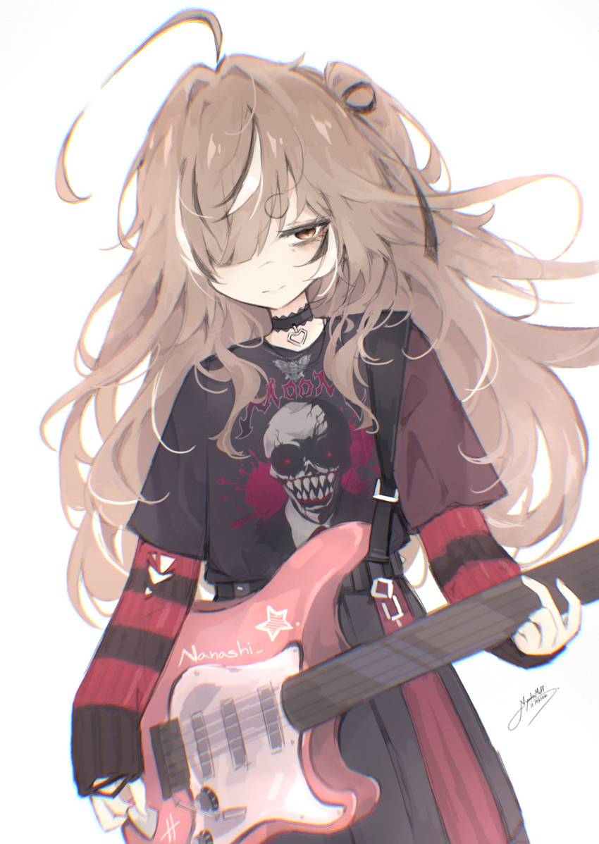 1girl absurdres ahoge black_skirt black_sweater brown_eyes brown_hair choker electric_guitar emo_fashion guitar hair_over_one_eye heart heart_choker highres holding holding_guitar holding_instrument holding_plectrum hololive hololive_english huge_ahoge instrument komuff lace-trimmed_choker lace_trim long_hair looking_at_viewer multicolored_hair nanashi_mumei nanashi_mumei_(4th_costume) nightmare_(nanashi_mumei) official_alternate_costume one_eye_covered one_side_up plaid plaid_skirt pleated_skirt plectrum red_sweater shirt_tucked_in skirt smile strap streaked_hair striped_clothes striped_sweater sweater sweater_under_shirt thick_eyebrows torn_clothes torn_sweater two-tone_sweater very_long_hair virtual_youtuber