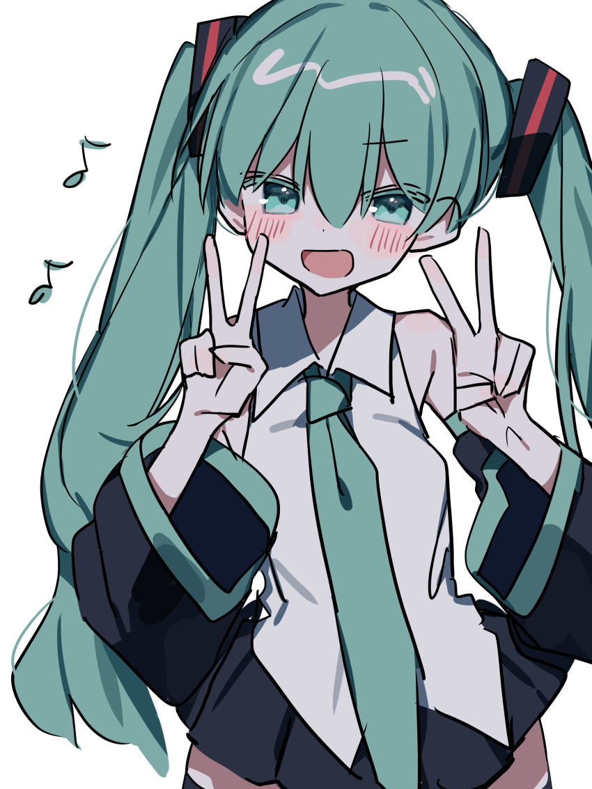 1girl :d absurdres ameno_(motiizamurai) bare_shoulders black_skirt black_sleeves blue_eyes blue_hair blue_necktie blush collared_shirt detached_sleeves dot_nose double_v eighth_note hair_ornament hands_up hatsune_miku head_tilt highres long_hair long_sleeves miniskirt musical_note necktie open_mouth pleated_skirt shirt sidelocks simple_background skirt sleeveless sleeveless_shirt smile solo twintails v very_long_hair vocaloid white_background white_shirt