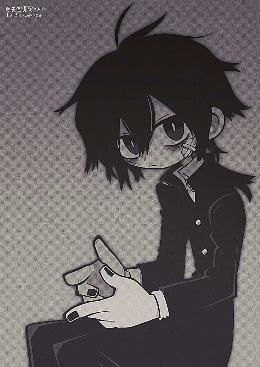 1boy ahoge bags_under_eyes black_hair black_jacket black_nails black_pants bright_pupils buttons closed_mouth collared_shirt colored_skin commission funamusea_(artist) gauze_on_cheek grey_background hands_on_lap highres jacket looking_to_the_side male_focus messy_hair monochrome original pants shirt short_hair short_ponytail simple_background sitting skeb_commission solo white_pupils white_skin