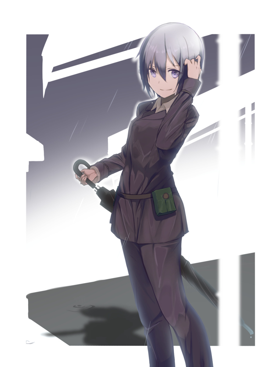 1girl adjusting_hair androgynous belt belt_pouch black_jacket black_pants border breasts brown_belt closed_mouth collared_shirt commentary dress_shirt feet_out_of_frame from_side grey_background grey_hair highres holding holding_umbrella jacket kino_(kino_no_tabi) kino_no_tabi kootee-on looking_to_the_side outline outside_border pants pouch shadow shirt short_hair small_breasts smile solo standing tomboy umbrella violet_eyes white_border white_outline white_shirt