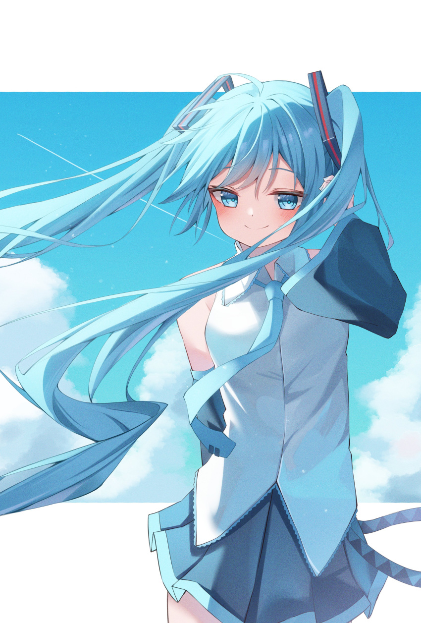 1girl absurdres arm_at_side belt black_skirt blue_eyes blue_hair blue_necktie blue_sky blush closed_mouth clouds cloudy_sky collared_shirt contrail cowboy_shot detached_sleeves dot_nose floating_hair floating_neckwear hair_ornament hand_in_own_hair hatsune_miku highres letterboxed long_hair long_sleeves looking_at_viewer loose_belt miniskirt necktie outside_border pleated_skirt ryaru_ryaru shirt skirt sky sleeveless sleeveless_shirt smile solo tie_clip twintails very_long_hair vocaloid white_shirt