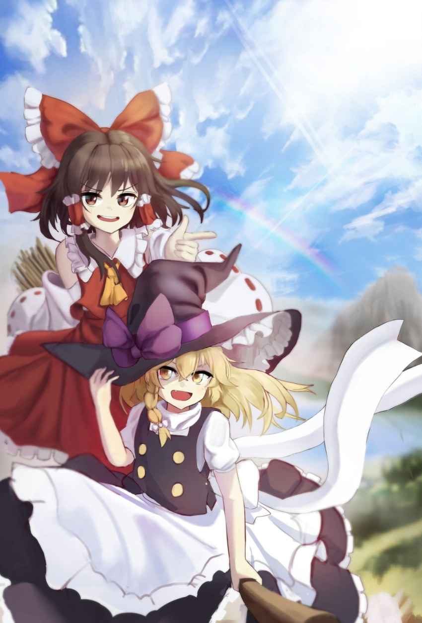 2girls apron ascot black_vest blonde_hair bow braid broom broom_riding brown_eyes brown_hair clouds cloudy_sky commentary day detached_sleeves frilled_bow frilled_hair_tubes frills hair_bow hair_tubes hakurei_reimu hand_on_headwear hat hat_bow highres kirisame_marisa long_hair multiple_girls multiple_riders open_mouth outdoors pointing purple_bow rainbow red_bow red_skirt ribbon-trimmed_sleeves ribbon_trim short_sleeves side_braid single_braid skirt skirt_set sky smile touho_0505 touhou vest waist_apron white_apron white_bow witch_hat yellow_ascot yellow_eyes