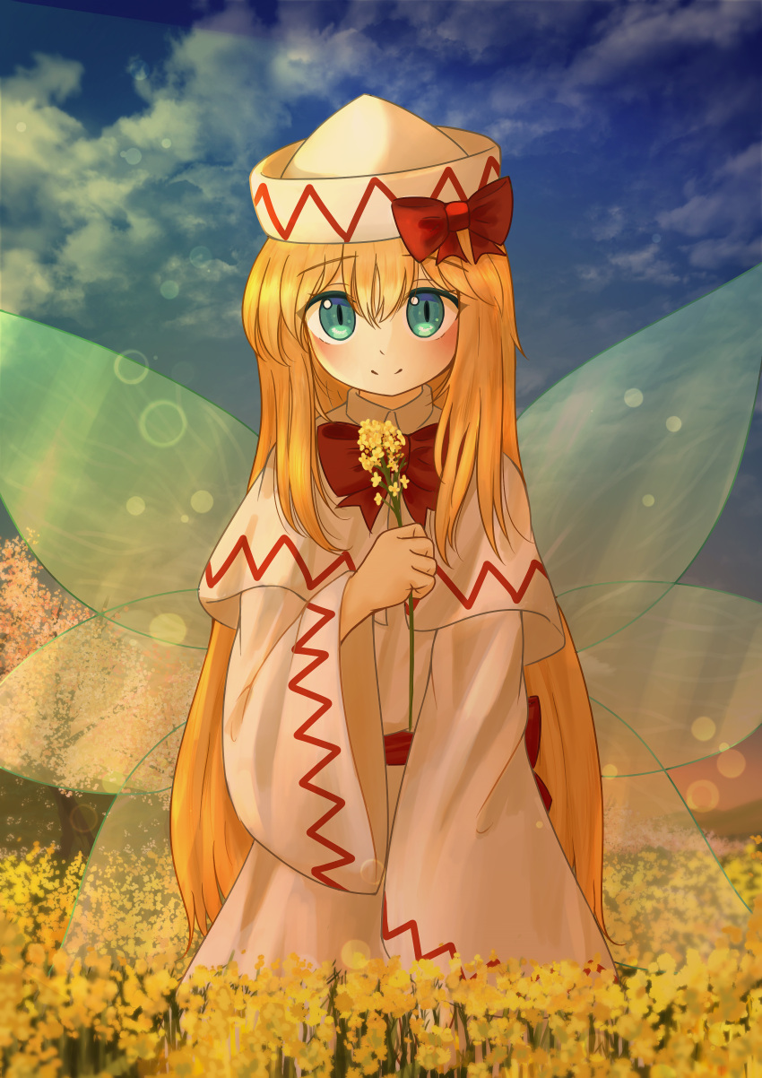 1girl absurdres blonde_hair blue_eyes blush bow bowtie capelet closed_mouth clouds dress ekaapetto fairy fairy_wings field flower flower_field hat hat_bow highres holding holding_flower lily_white long_hair long_sleeves looking_at_viewer open_mouth outdoors red_bow red_bowtie sky slit_pupils smile solo touhou very_long_hair white_capelet white_dress white_headwear wide_sleeves wings yellow_flower