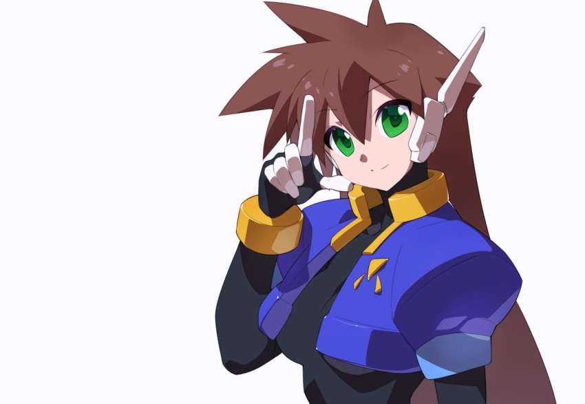 1girl aile_(mega_man_zx) alternate_hairstyle black_bodysuit bodysuit bodysuit_under_clothes brown_hair commentary_request kaidou_zx long_hair looking_at_viewer mega_man_(series) mega_man_zx mega_man_zx_advent robot_ears simple_background solo upper_body white_background