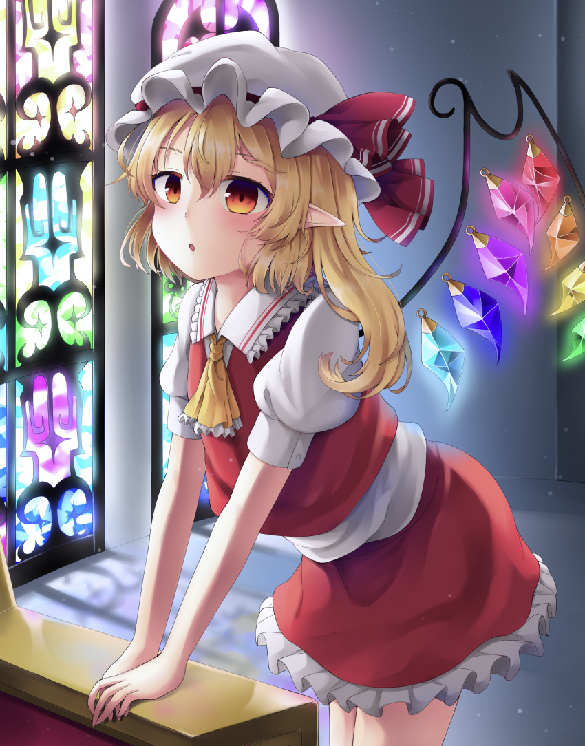 1girl absurdres ascot blonde_hair collared_shirt cowboy_shot crystal flandre_scarlet frilled_ascot frilled_shirt_collar frilled_skirt frills glowing glowing_wings hat hat_ribbon highres indoors leaning_forward medium_hair mob_cap multicolored_wings one_side_up open_mouth own_hands_together pointy_ears puffy_short_sleeves puffy_sleeves red_eyes red_ribbon red_skirt red_vest ribbon shirt short_sleeves skirt solo stained_glass takeno touhou vest white_shirt wings yellow_ascot