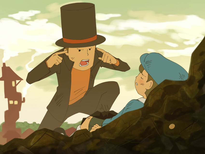 2boys barley_juice black_headwear black_jacket black_pants blue_headwear blue_shirt cabbie_hat closed_eyes clouds commentary day english_commentary full_body green_sky hat hershel_layton highres invincible_(series) jacket looking_at_another luke_triton meme multiple_boys open_clothes open_jacket open_mouth orange_shirt outdoors pants professor_layton ruins shirt smoke teeth think_mark_think!_(meme) top_hat