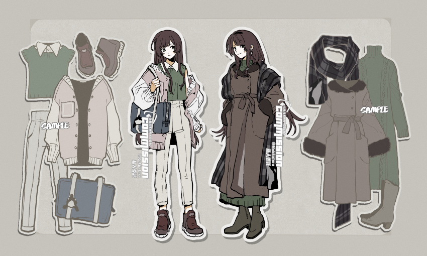 1girl absurdres bag black_footwear boots brown_coat brown_eyes brown_footwear brown_hair buttons charm_(object) chinese_commentary closed_mouth coat collared_shirt commission dress fashion full_body green_dress green_shirt green_sweater grey_background hairband handbag hands_in_pockets highres holding_strap jacket long_hair long_sleeves looking_at_viewer multiple_views open_clothes original outline pants rokkatera sample_watermark scarf school_bag shirt shoes shoulder_bag sidelocks simple_background smile standing sweater unworn_clothes unworn_shoes very_long_hair watermark white_coat white_outline white_pants