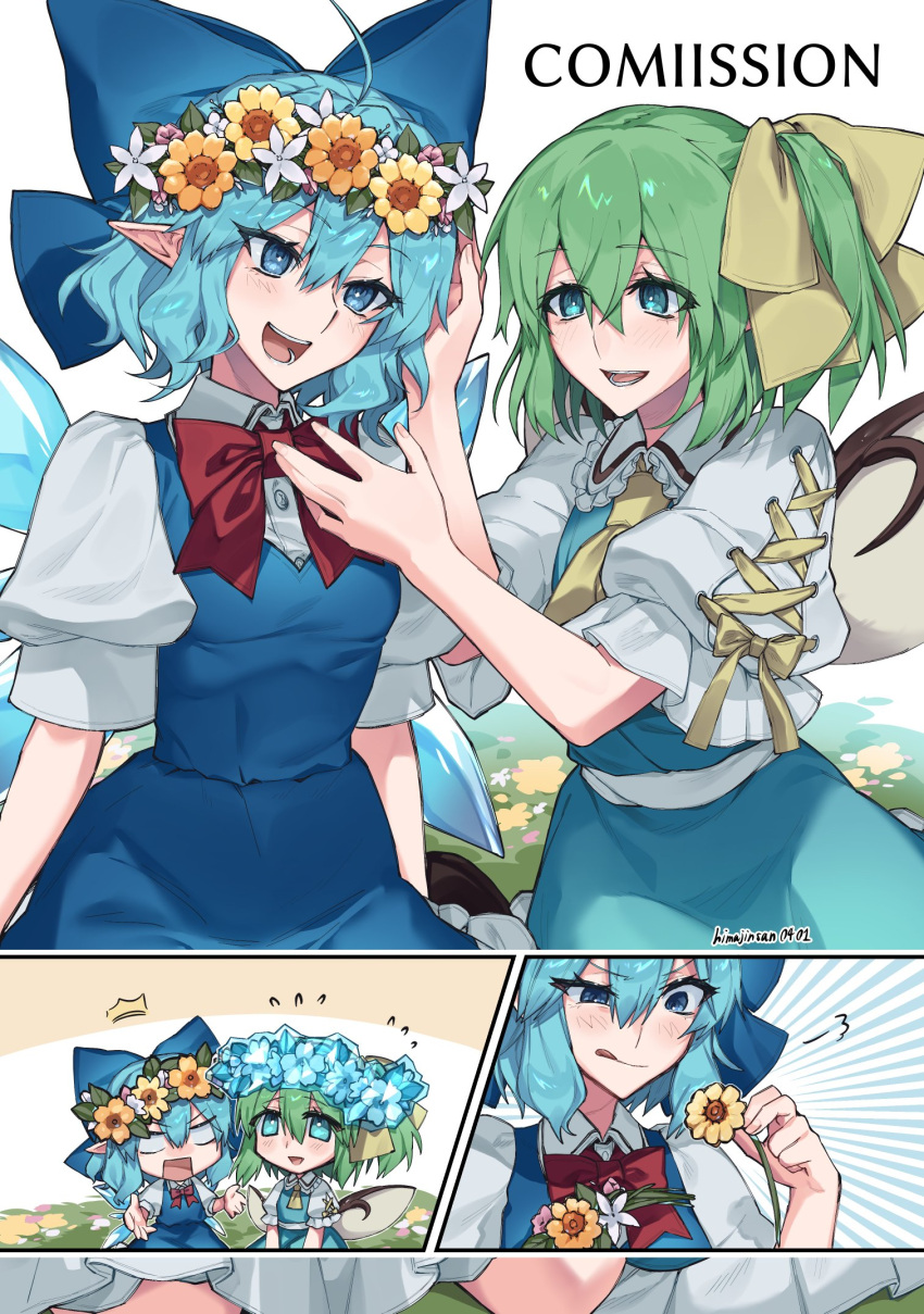 2girls ascot blue_bow blue_dress blue_eyes blue_flower blue_hair bow bowtie cirno daiyousei dress fairy_wings flower green_eyes green_hair hair_bow hair_ribbon head_wreath highres himadera ice ice_wings long_hair multiple_girls open_mouth pinafore_dress pointy_ears red_bow red_bowtie ribbon shirt short_hair short_sleeves side_ponytail sleeveless sleeveless_dress smile touhou wings yellow_ascot yellow_bow yellow_flower