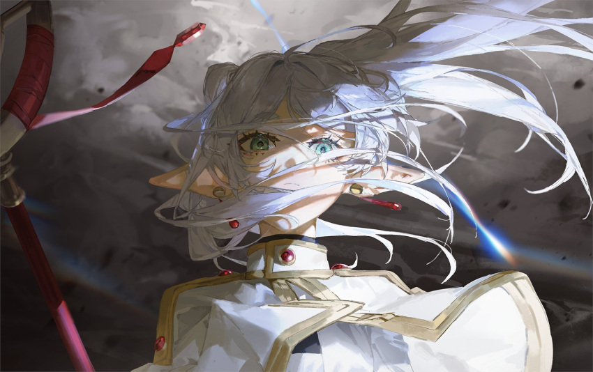 1girl blue_eyes cape capelet closed_mouth clouds cloudy_sky earrings eyelashes frieren grey_hair hair_between_eyes highres jewelry lightning long_hair looking_at_viewer quasarcake sky solo sousou_no_frieren staff twintails upper_body very_long_hair white_cape white_hair wind