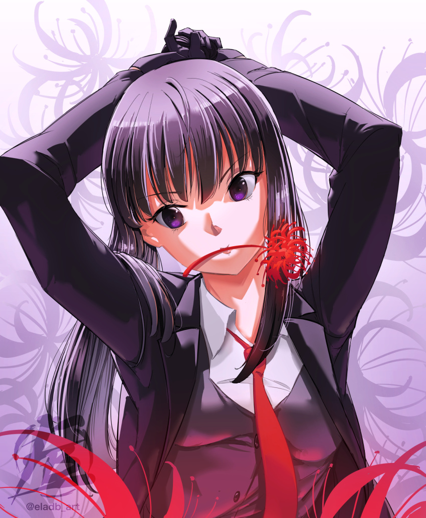 1girl arms_behind_head arms_up artist_logo black_gloves black_hair black_jacket black_suit black_vest breasts collared_shirt eladb_art floral_background flower_in_mouth gloves highres inoue_takina jacket long_hair long_sleeves looking_at_viewer lycoris_recoil medium_breasts mouth_hold necktie open_clothes open_jacket ponytail red_necktie red_spider_lily shirt solo suit suit_jacket upper_body vest violet_eyes white_shirt