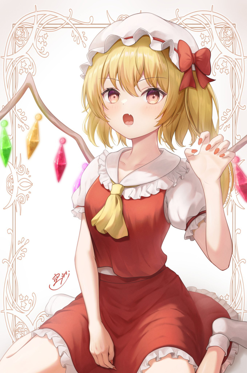 1girl :o ascot between_legs blonde_hair border bow claw_pose commentary_request crystal fang flandre_scarlet frilled_shirt_collar frilled_skirt frilled_sleeves frills hair_between_eyes hand_between_legs hand_up hat hat_bow hat_ribbon highres looking_at_viewer mob_cap no_shoes one_side_up open_mouth orange_eyes orange_nails ornate_border outside_border puffy_short_sleeves puffy_sleeves red_bow red_ribbon red_skirt red_vest ribbon shirt short_hair short_sleeves signature sitting skin_fang skirt skirt_set socks sola_num_5130 solo touhou vest wariza white_headwear white_shirt white_socks wings yellow_ascot