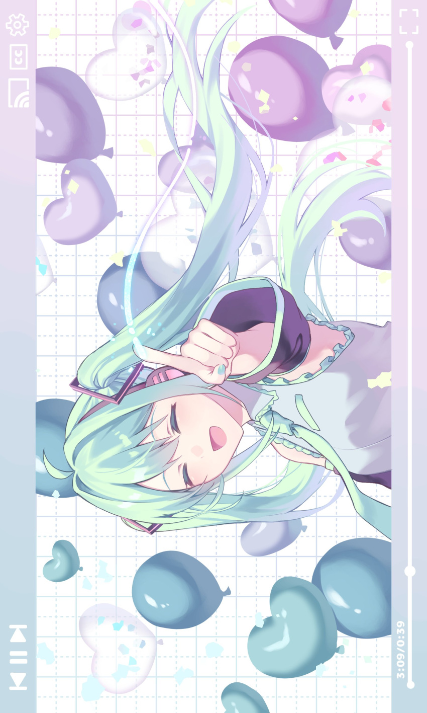 1girl :d absurdres balloon blue_nails breasts closed_eyes collared_shirt facing_viewer fake_screenshot floating_hair frilled_shirt frills green_hair green_necktie grey_shirt grid_background hatsune_miku heart_balloon highres index_finger_raised kurobikari long_hair media_player_interface medium_breasts nail_polish necktie open_mouth outstretched_arm pointing pointing_at_viewer shirt sidelocks sideways sleeveless sleeveless_shirt smile solo twintails upper_body very_long_hair vocaloid