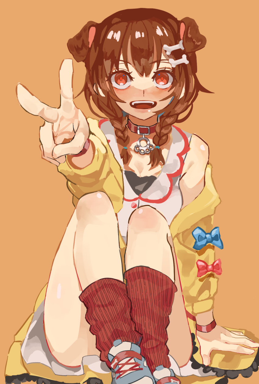 1girl animal_collar animal_ears blue_bow blush bone_hair_ornament bow braid brown_eyes brown_hair collar dog_ears dog_girl dress fangs hair_between_eyes hair_ornament highres hololive inugami_korone jacket jc_(pixiv_66949345) long_hair looking_at_viewer low_twin_braids off_shoulder open_mouth orange_background red_bow red_collar red_eyes red_socks shoes simple_background sitting sleeveless sleeveless_dress smile sneakers socks solo twin_braids v virtual_youtuber white_dress yellow_jacket