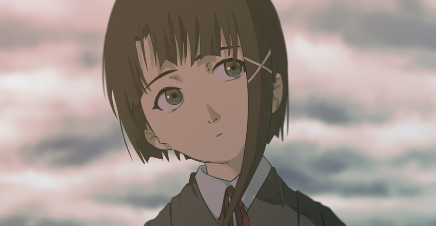 1girl asymmetrical_hair brown_eyes brown_hair brown_jacket close-up closed_mouth clouds cloudy_sky collared_shirt commentary day dress_shirt expressionless grey_sky hair_ornament head_tilt highres iwakura_lain jacket looking_afar looking_to_the_side neck_ribbon outdoors portrait red_ribbon ribbon serial_experiments_lain shirt single_sidelock sky solo tetsuya_ryou white_shirt x_hair_ornament