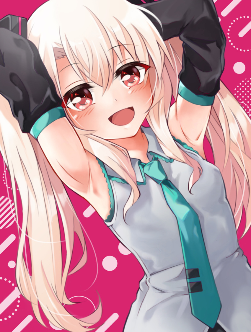 1girl aqua_necktie armpits arms_up black_sleeves blue_necktie blush breasts commentary_request cosplay detached_sleeves fate/kaleid_liner_prisma_illya fate_(series) grey_shirt hair_between_eyes hair_ornament hatsune_miku hatsune_miku_(cosplay) highres holding holding_hair illyasviel_von_einzbern long_hair looking_at_viewer mochi_(k620803n) necktie open_mouth pink_background presenting_armpit red_eyes shirt sidelocks sleeveless sleeveless_shirt small_breasts smile solo twintails vocaloid white_hair