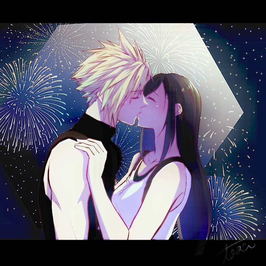 1boy 1girl bare_shoulders black_hair blonde_hair breasts closed_eyes cloud_strife collarbone commentary couple crop_top final_fantasy final_fantasy_vii final_fantasy_vii_rebirth final_fantasy_vii_remake fireworks from_side hand_on_another's_shoulder hetero highres kiss light_blush long_hair medium_breasts night night_sky short_hair sidelocks sky sleeveless sleeveless_turtleneck spiky_hair star_(sky) starry_sky suspenders sweater swept_bangs tank_top tifa_lockhart toa_ot turtleneck turtleneck_sweater upper_body white_tank_top
