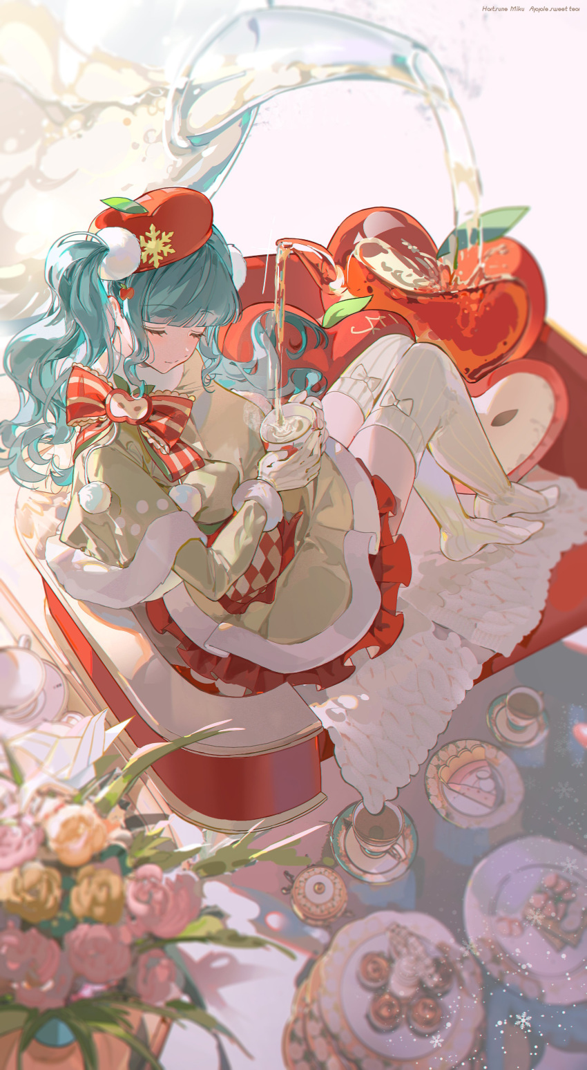 1girl absurdres beret blush cake capelet chair closed_eyes closed_mouth cup drink facing_viewer food from_side full_body fur-trimmed_capelet fur_trim grey_capelet grey_skirt hair_ornament hat hatsune_miku highres holding holding_drink layered_skirt long_hair long_sleeves mug no_shoes petticoat pom_pom_(clothes) pom_pom_hair_ornament red_headwear red_skirt ribbed_thighhighs sidelocks sitting skirt smile solo teacup thigh-highs twintails vocaloid white_thighhighs z3zz4 zettai_ryouiki