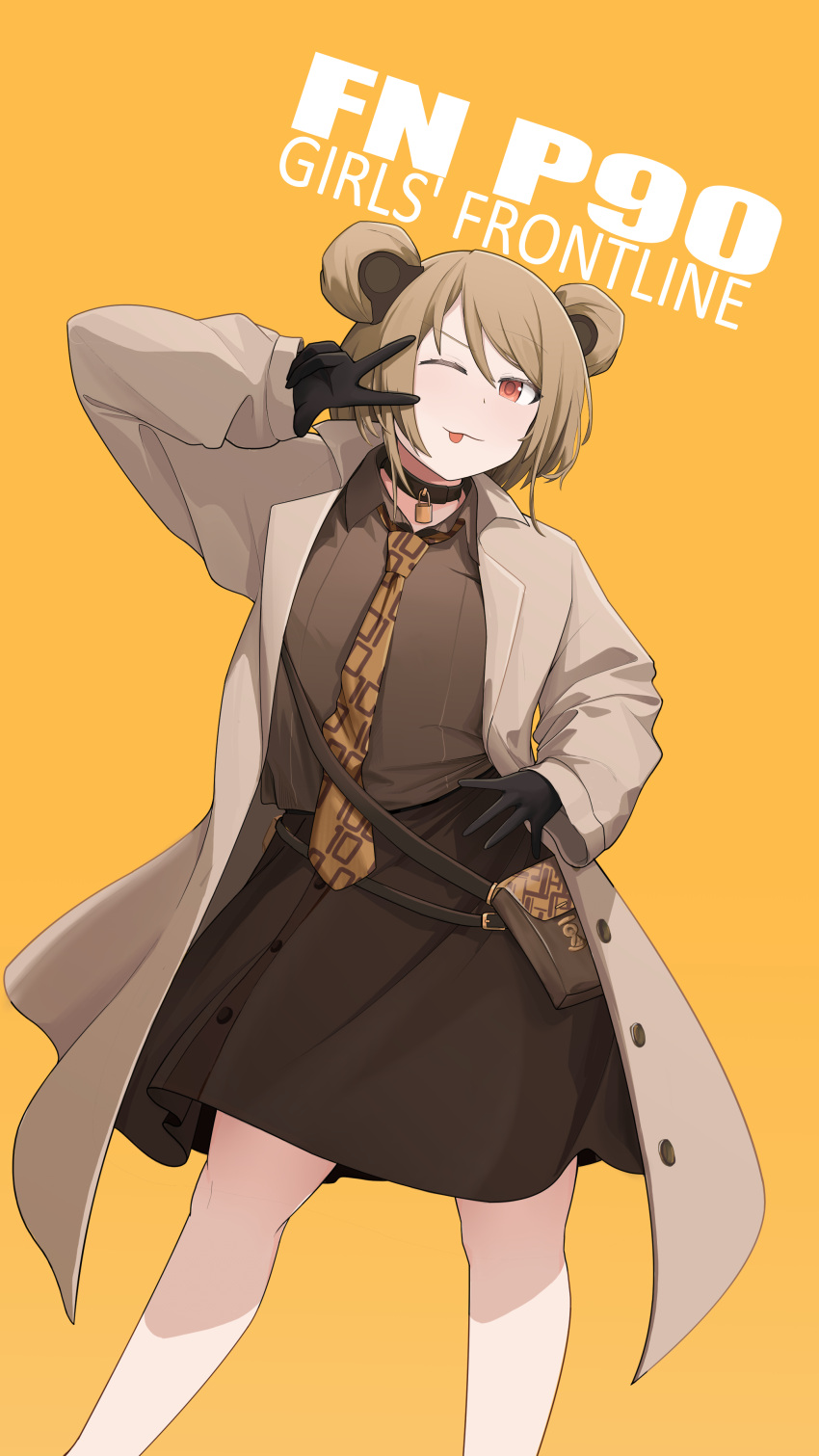 1girl ;3 absurdres bag black_gloves brown_coat brown_hair brown_necktie brown_shirt brown_skirt character_name choker coat copyright_name double_bun english_commentary girls_frontline gloves hair_bun hand_on_own_hip hand_up highres looking_at_viewer necktie official_alternate_costume one_eye_closed p90_(girls'_frontline) p90_(the_girl_from_b.e.l)_(girls'_frontline) print_necktie red_eyes saiskh shirt short_hair simple_background skirt solo straight-on tongue tongue_out w yellow_background
