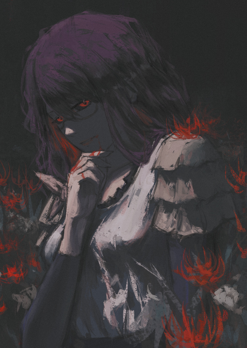 absurdres blood dark_background dress flower hand_on_own_chin highres kamishiro_rize looking_at_viewer red_eyes red_spider_lily shiej007 smile tokyo_ghoul violet_eyes