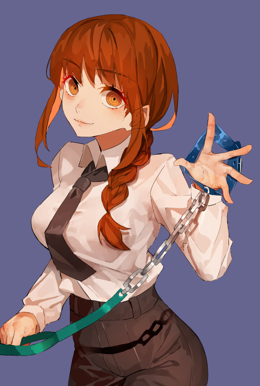 1girl black_necktie black_pants blue_background braid braided_ponytail breasts brown_hair chain chain_leash chainsaw_man closed_mouth collared_shirt formal hair_over_shoulder highres holding holding_leash jc_(pixiv_66949345) leash long_hair long_sleeves looking_at_viewer makima_(chainsaw_man) medium_breasts necktie orange_eyes pants redhead ringed_eyes shirt shirt_tucked_in sidelocks simple_background smile solo white_shirt