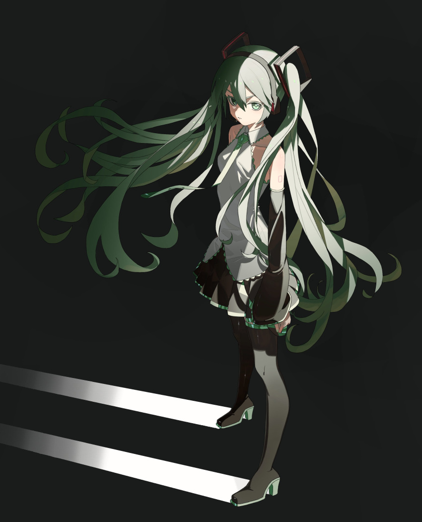 1girl absurdres annoyed arms_at_sides black_background black_footwear black_headphones black_skirt boots chise_(jwhh123) closed_mouth collared_shirt detached_sleeves full_body green_eyes green_hair green_necktie hair_ornament hatsune_miku headphones headpiece highres long_hair necktie pleated_skirt shirt skirt sleeveless sleeveless_shirt solo standing thigh_boots twintails very_long_hair vocaloid white_shirt