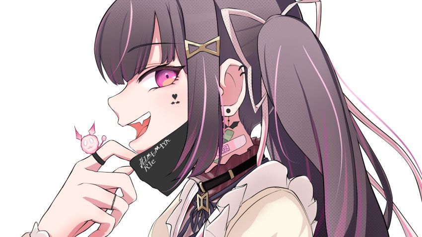 1girl bandaid bandaid_on_neck black_choker black_hair black_mask cafflin character_name choker close-up earrings facial_mark fang frills from_side hair_ornament hair_ribbon heart heart_facial_mark highres himemiya_rie jewelry long_hair mask mask_pull mouth_mask multicolored_hair open_mouth phase_connect pink_eyes pink_hair ribbon ring solo streaked_hair teeth upper_teeth_only virtual_youtuber white_ribbon