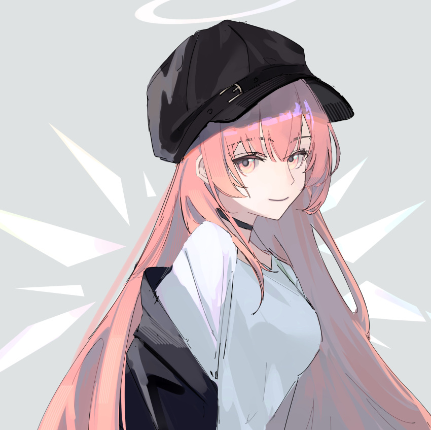 1girl absurdres arknights arms_at_sides black_choker black_headwear black_jacket cabbie_hat choker closed_mouth from_side hair_between_eyes halo hat highres hino134 jacket lemuen_(arknights) long_bangs long_hair long_sleeves looking_at_viewer off_shoulder open_clothes open_jacket pink_eyes pink_hair shirt sidelocks smile solo straight_hair upper_body white_shirt wings