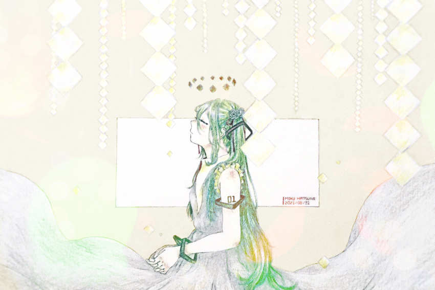 1girl 4mdrmmm absurdres alternate_hair_color arm_tattoo character_name closed_eyes closed_mouth dated dress from_side green_hair grey_dress hair_ribbon hatsune_miku highres long_dress long_hair number_tattoo own_hands_together profile ribbon shide sleeveless sleeveless_dress solo tattoo traditional_media twintails very_long_hair vocaloid white_dress