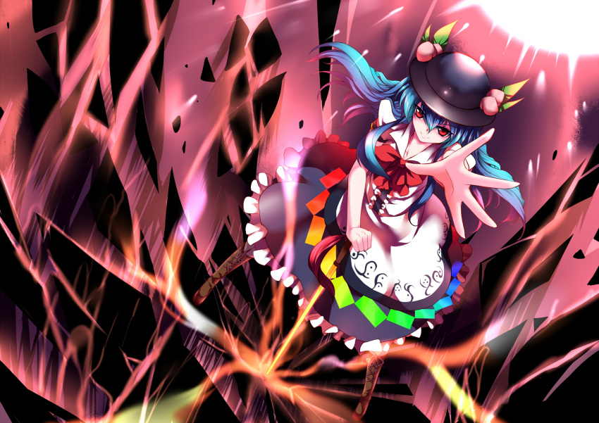 blue_hair boots bow broken_ground danmaku dress dutch_angle food fruit hat highres hinanawi_tenshi light light_smile long_hair outstretched_arm outstretched_hand peach red_eyes rock sinchi smile solo sword sword_of_hisou touhou weapon yomihora