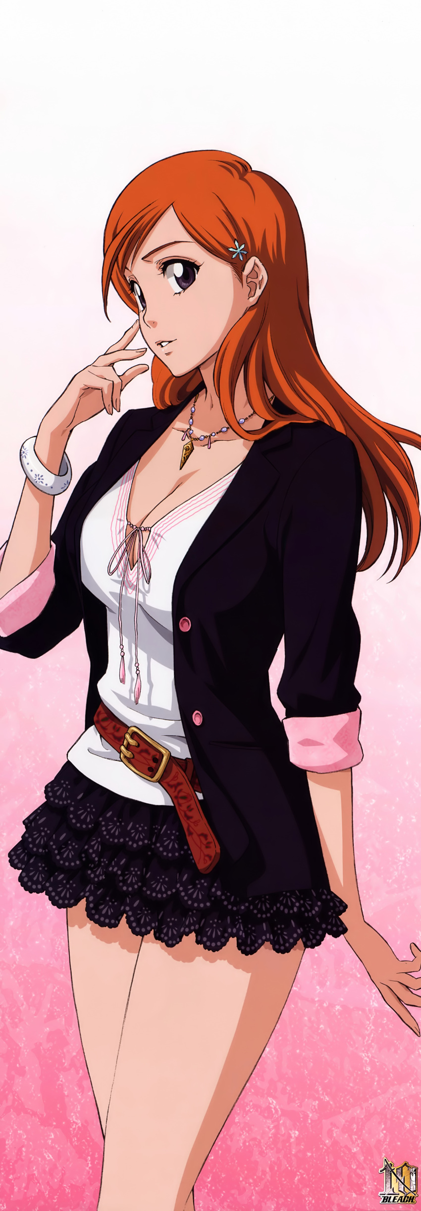 1girl absurdres belt black_jacket black_skirt bleach bracelet breasts casual cleavage cropped_legs feet_out_of_frame female hair_ornament hairclip hairpin highres inoue_orihime jewelry large_breasts legs long_hair miniskirt necklace official_art open_jacket orange_hair parted_lips purple_eyes skirt solo standing thighs