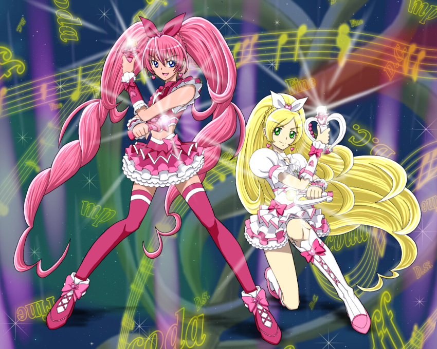 blonde_hair blue_eyes boots bow choker cure_melody cure_rhythm earrings fantastic_belltier female frills green_eyes houjou_hibiki jewelry kneeling long_hair magical_girl midriff minamino_kanade miracle_belltier moritakusan multiple_girls musical_note pink_hair pink_legwear precure ribbon shoes skirt smile staff_(music) suite_precure thigh-highs thighhighs twintails wand