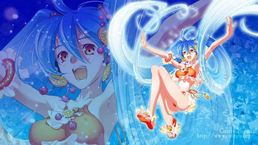ahoge arms_up bikini blue_hair earrings food food_as_clothes food_themed_clothes fruit hatsune_miku highres jewelry legs long_hair navel necklace open_mouth orange sandals solo swimsuit twintails very_long_hair vocaloid yamanaka_kotetsu zoom_layer