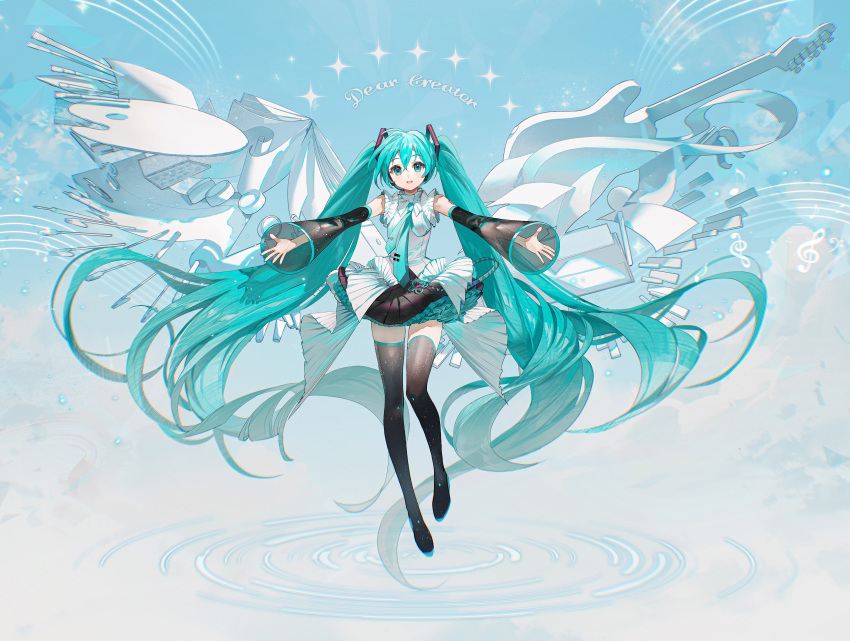 1girl absurdly_long_hair absurdres aqua_eyes aqua_hair aqua_necktie arm_tattoo black_skirt black_sleeves black_thighhighs blue_background detached_sleeves frilled_shirt frilled_skirt frills hatsune_miku highres long_hair looking_at_viewer miniskirt necktie open_mouth outstretched_arms rumoon shirt skirt sleeveless sleeveless_shirt smile solo spread_arms staff_(music) tattoo thigh-highs treble_clef twintails very_long_hair vocaloid white_shirt