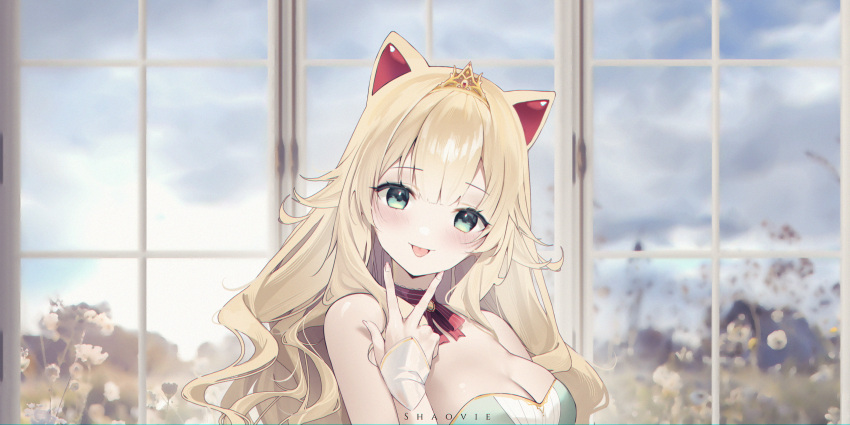1girl absurdres animal_ears bare_shoulders blonde_hair blurry blurry_background blush breasts cat_ears cat_girl green_eyes hair_between_eyes highres long_hair looking_at_viewer medium_breasts neck_ribbon open_mouth original princess ribbon ribbon-trimmed_bow shaoviie sleeveless smile solo tiara v virtual_youtuber window