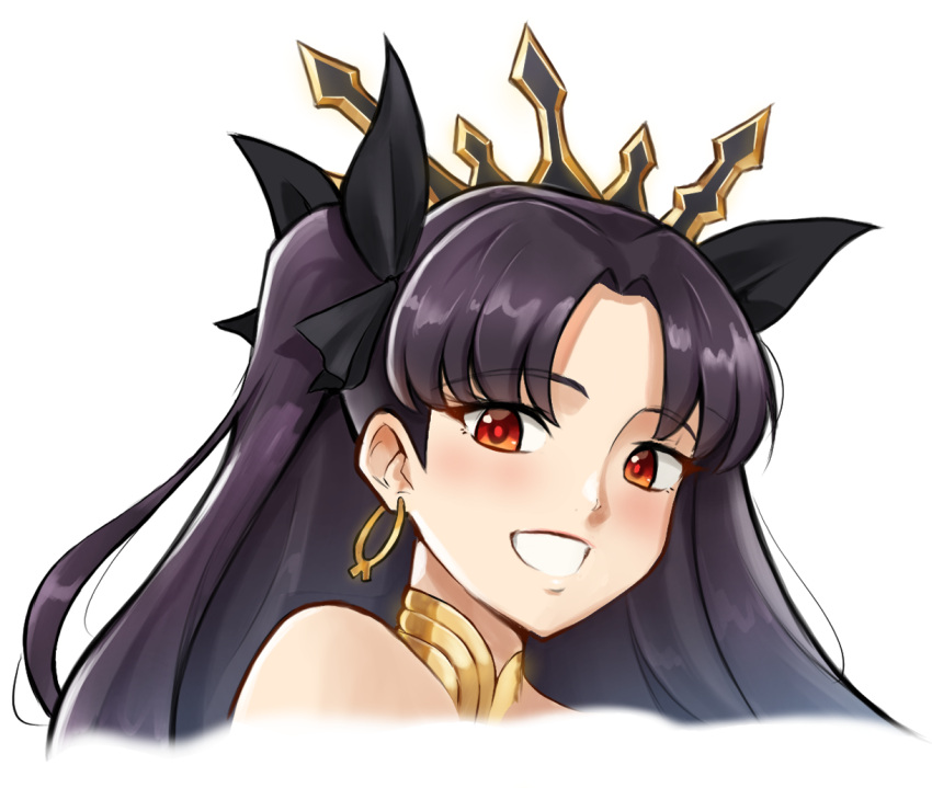 1girl bare_shoulders black_hair blush earrings fate/grand_order fate_(series) grin hoop_earrings ishtar_(fate) jewelry long_hair looking_at_viewer mr.thunderigor red_eyes simple_background smile solo two_side_up white_background
