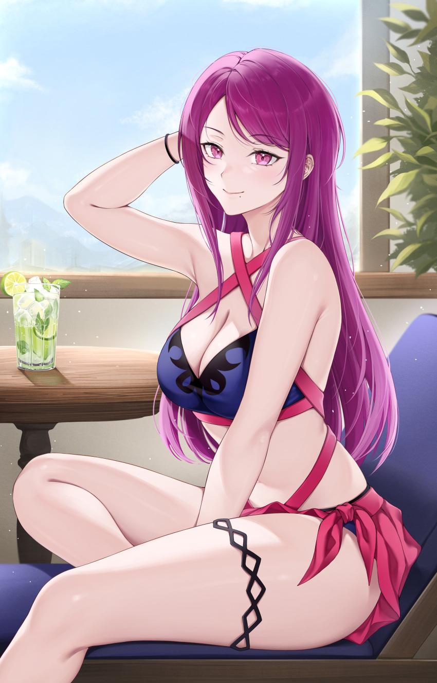 1girl absurdres alternate_costume bikini blue_bikini blush breasts fire_emblem fire_emblem_engage fire_emblem_heroes foxie30 highres ivy_(fire_emblem) ivy_(summer)_(fire_emblem) long_hair looking_at_viewer purple_hair sarong smile solo swimsuit very_long_hair violet_eyes