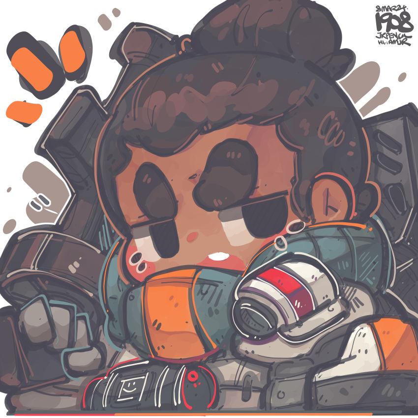 1boy absurdres animification apex_legends artist_name black_eyes blush brown_hair chibi gibraltar_(apex_legends) gun hair_behind_ear highres holding holding_gun holding_weapon jrpencil male_focus open_mouth over_shoulder portrait solo thick_eyebrows v-shaped_eyebrows weapon weapon_over_shoulder white_background