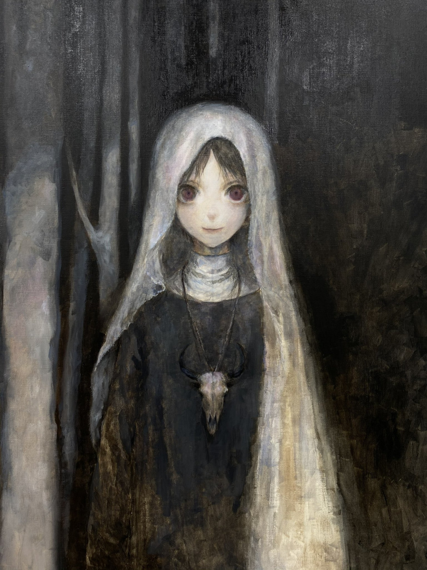 1girl animal_skull black_hair black_robe closed_mouth dark forest highres horror_(theme) jewelry jiz_(pffbq) looking_at_viewer nature necklace night original painting_(medium) robe skull_necklace smile solo standing traditional_media tree veil violet_eyes