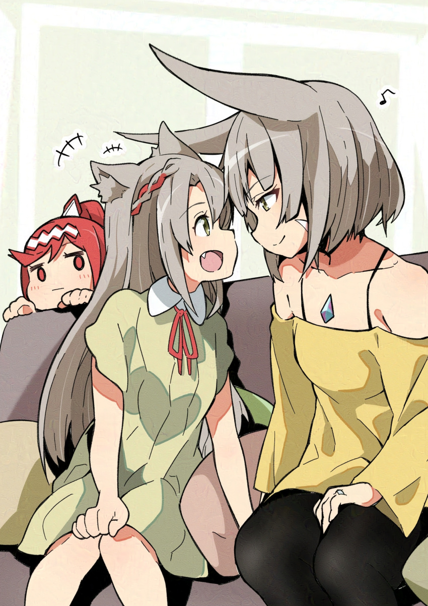 3girls animal_ears blue_eyes cat_ears chest_jewel dress fiery_hair glimmer_(xenoblade) highena highres mio_(xenoblade) mother_and_daughter multiple_girls nia_(blade)_(xenoblade) nia_(xenoblade) pantyhose siblings sisters xenoblade_chronicles_(series) xenoblade_chronicles_2 xenoblade_chronicles_3 xenoblade_chronicles_3:_future_redeemed