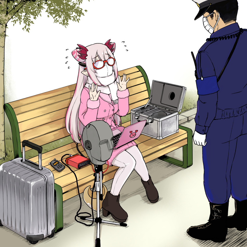 1boy 1girl asmr bench black_footwear coat computer flying_sweatdrops gloves grey_hair hands_up hat high_heels highres jyaco laptop mask microphone mouth_mask multicolored_hair nanashi_inc. outdoors pants park_bench peaked_cap pink_coat pointy_ears police police_uniform red-framed_eyewear redhead sitting streaked_hair suitcase suou_patra uniform virtual_youtuber white_gloves white_headwear white_pants