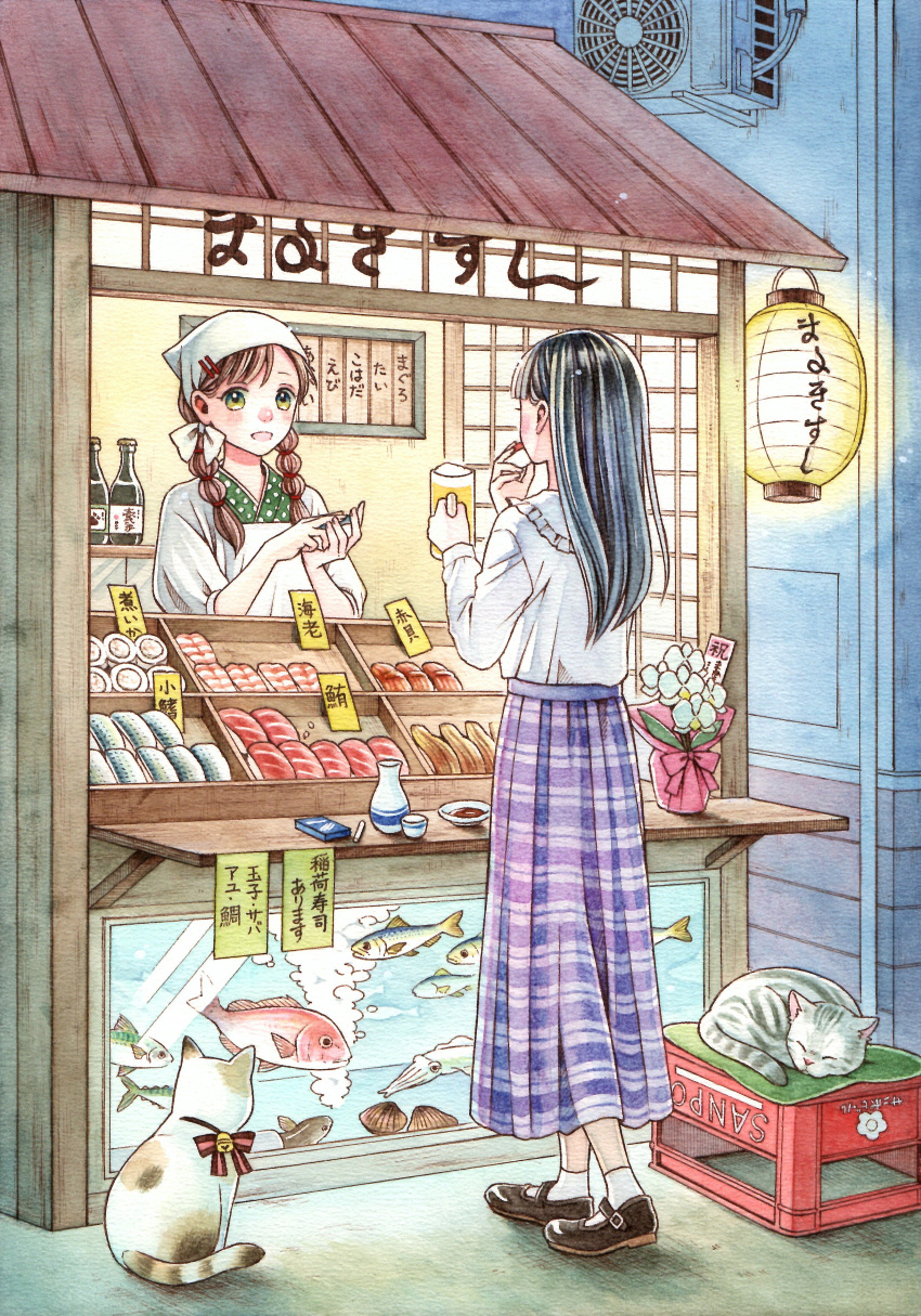 2girls :d absurdres air_conditioner alcohol apron aquarium beer black_footwear black_hair blue_skirt blush bottle braid brown_footwear brown_hair calico cat cup fish fish_(food) flower food food_stand green_eyes head_scarf highres holding holding_cup ichiniho_run lantern long_hair long_skirt long_sleeves looking_at_another makizushi multiple_girls open_mouth original painting_(medium) paper_lantern plaid plaid_skirt purple_skirt sake_bottle sashimi seashell shell shirt shoes shop skirt sleeping_animal smile socks standing sushi traditional_media twin_braids watercolor_(medium) white_flower white_shirt white_socks