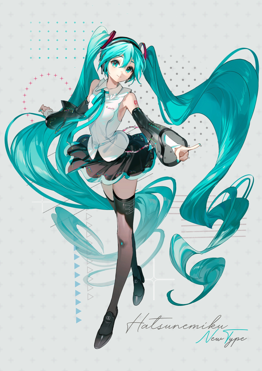 1girl absurdres aqua_eyes aqua_hair aqua_nails aqua_ribbon arm_tattoo bare_shoulders black_footwear black_headphones black_skirt black_sleeves black_thighhighs black_trim blue_trim character_name collared_shirt commentary detached_sleeves english_text full_body grey_background hair_ornament hatsune_miku hatsune_miku_(nt) headphones highres layered_sleeves long_hair long_sleeves looking_at_viewer nail_polish neck_ribbon number_tattoo outstretched_arms piapro pleated_skirt pointing polka_dot ribbon rumoon see-through see-through_sleeves shirt shoes simple_background skirt sleeveless sleeveless_shirt sleeves_past_wrists smile solo standing star_(symbol) tattoo thigh-highs twintails very_long_hair vocaloid white_shirt white_sleeves wide_sleeves zettai_ryouiki