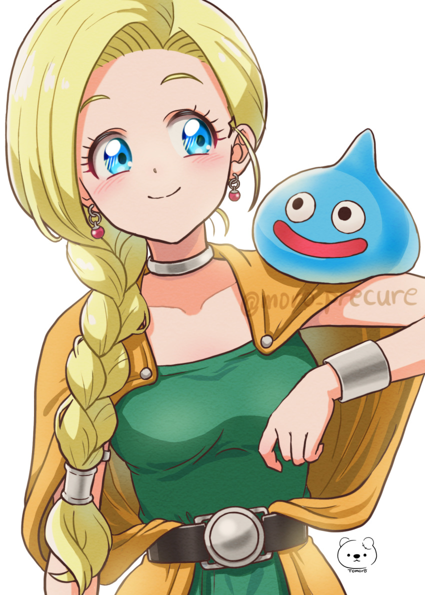 1girl belt bianca_(dq5) blonde_hair blue_eyes blush bracelet braid breasts cape closed_mouth collarbone commentary dragon_quest dragon_quest_v dress earrings green_dress hair_over_shoulder highres jewelry long_hair medium_breasts moro_precure neck_ring on_shoulder orange_cape simple_background single_braid slime_(dragon_quest) smile twitter_username upper_body white_background