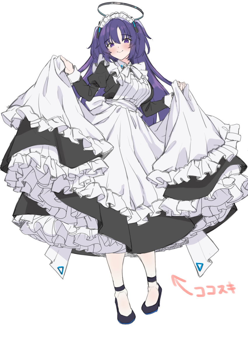 1girl absurdres alternate_costume apron black_dress black_footwear blue_archive blush breasts closed_mouth dress enmaided frilled_apron frills full_body halo highres juliet_sleeves large_breasts long_hair long_sleeves looking_at_viewer maid maid_apron maid_headdress mechanical_halo puffy_sleeves purple_hair shirokuma_a shoes simple_background solo two_side_up violet_eyes white_apron white_background yuuka_(blue_archive)