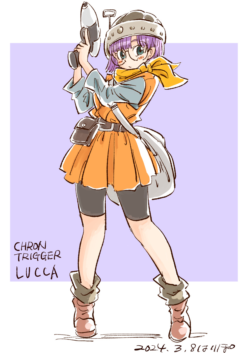 1girl absurdres belt bike_shorts character_name chrono_trigger closed_mouth copyright_name dated full_body glasses gun hari_tabo42 helmet highres holding holding_gun holding_weapon looking_at_viewer lucca_ashtear purple_hair scarf short_hair skirt solo weapon