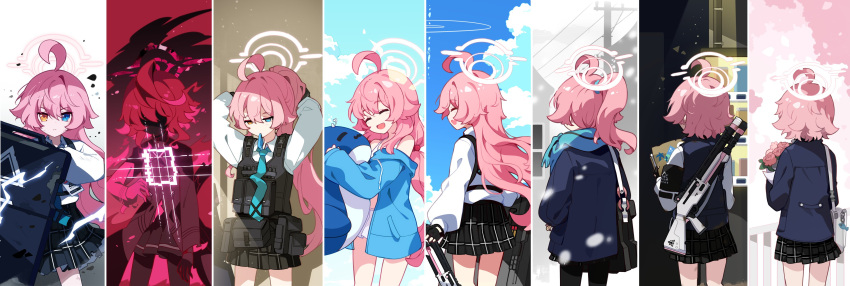 1girl absurdres ahoge armband aura bag bare_shoulders beretta_1301 black_coat black_pantyhose black_skirt black_vest blue_archive blue_eyes blue_jacket blue_necktie blue_scarf blue_sky broken_halo cherry_blossoms closed_eyes clouds cloudy_sky coat dark_aura flower glowing gun gun_on_back halo hands_in_own_hair heterochromia highres holding holding_flower holding_paper hoshino_(blue_archive) hoshino_(first_year)_(blue_archive) hoshino_(second_year)_(blue_archive) hoshino_(swimsuit)_(blue_archive) hoshino_terror_(blue_archive) ideolo inflatable_toy inflatable_whale jacket long_hair long_sleeves looking_at_viewer multiple_views necktie open_mouth pantyhose paper pink_hair pink_halo ponytail puffy_sleeves scarf school_uniform shield short_hair shotgun shoulder_bag skirt sky smile snow snowing spring_(season) summer twintails tying_hair vest weapon weapon_on_back winter yellow_eyes
