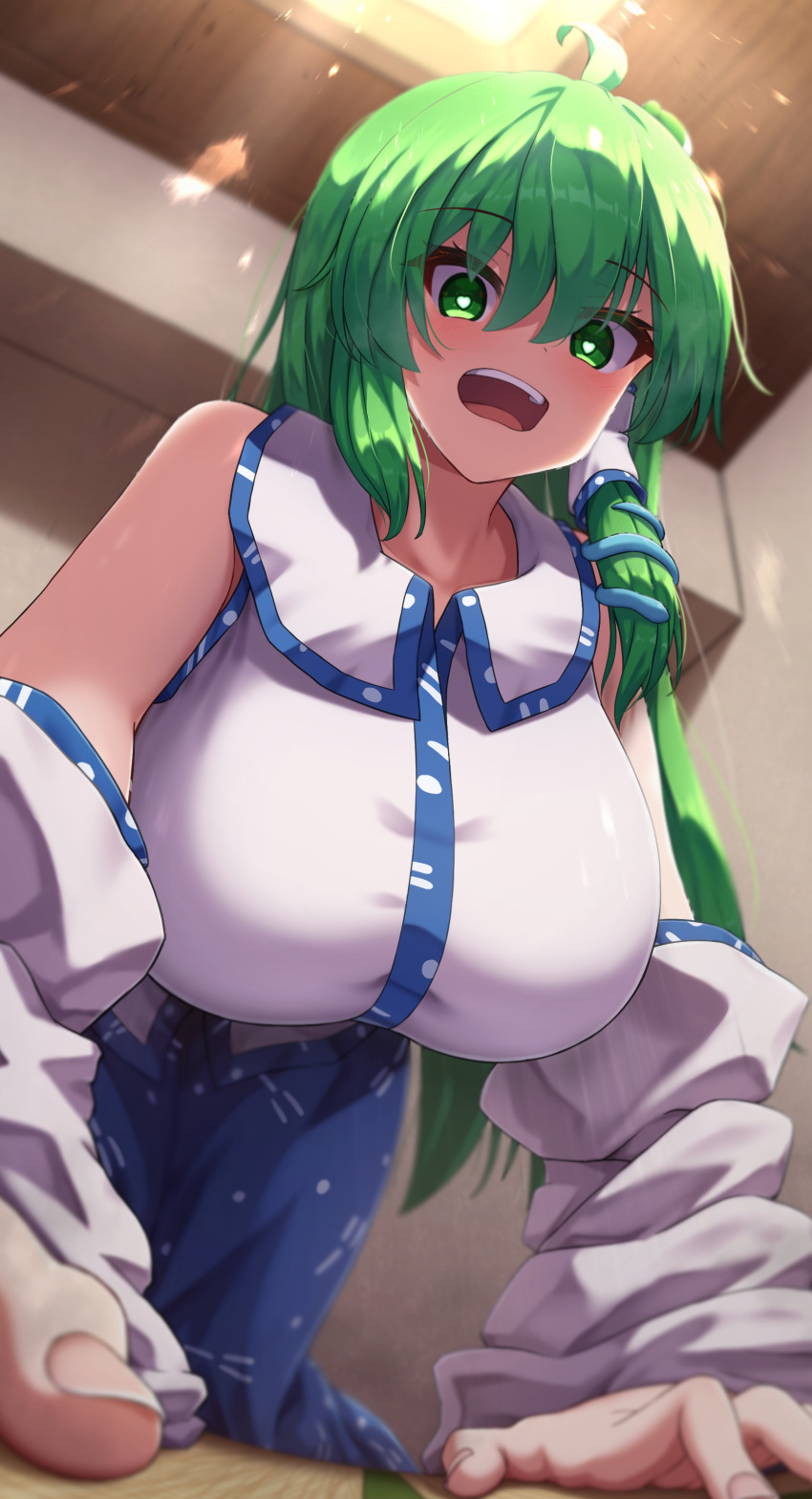 1girl absurdres blush breasts detached_sleeves frog frog_hair_ornament giant giantess green_eyes green_hair hair_ornament hair_tubes heart heart-shaped_pupils highres indoors kochiya_sanae large_breasts long_hair open_mouth skirt smile snake snake_hair_ornament solo symbol-shaped_pupils tatami touhou yosshy
