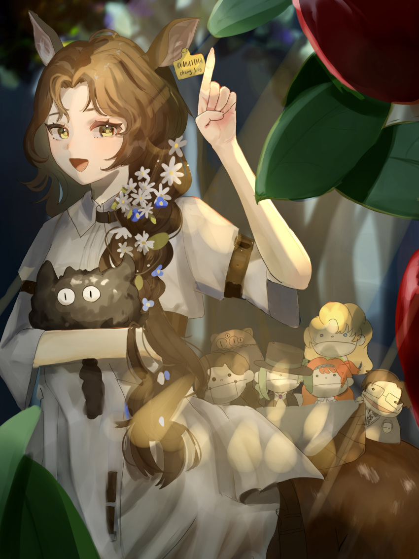 1girl :d animal_ears arm_belt blonney brown_hair carbuncle_(reverse:1999) centauroid coat commentary_request cowboy_shot creature daisy deer_ears deer_girl deer_tail ear_tag flower forest green_eyes hair_flower hair_ornament hair_over_shoulder hand_puppet highres holding holding_creature horropedia index_finger_raised jessica_(reverse:1999) long_hair long_sleeves looking_at_viewer low-braided_long_hair low-tied_long_hair monster_girl nature open_mouth parted_bangs puppet reverse:1999 sidelocks smile solo sonetto_(reverse:1999) standing tail taur tooth_fairy_(reverse:1999) tsukumo_(tukumo_1003) vertin_(reverse:1999) white_coat white_flower